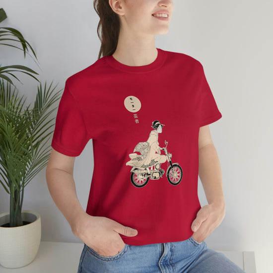 a shirt with a geisha riding a Japanese motorcycle