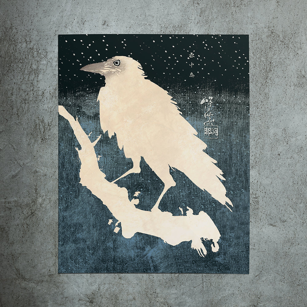 blue and black print of a crow in the snow